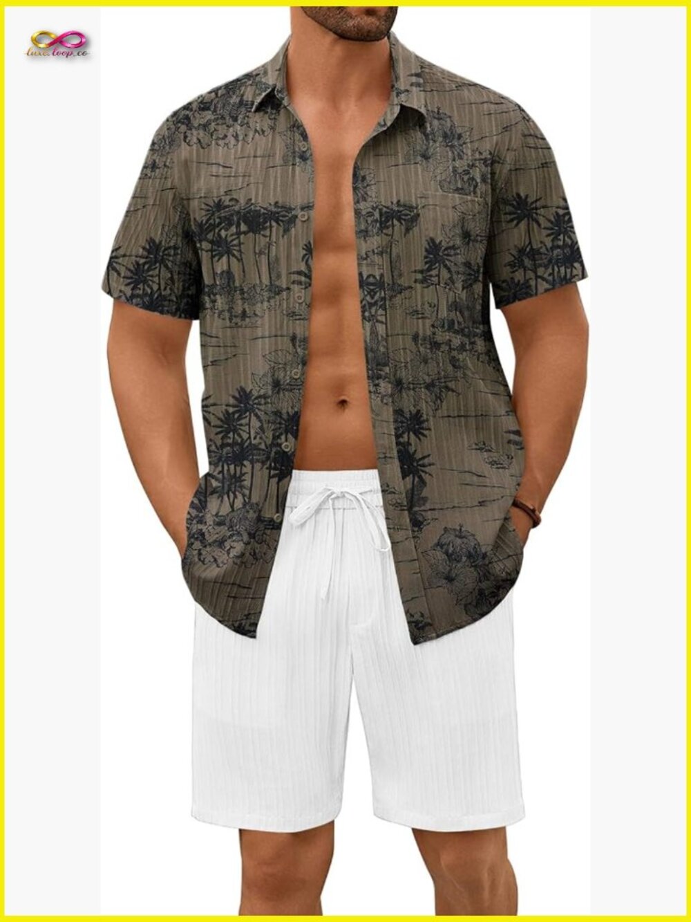 Matching 2 Piece Short Set Linen Texture Short Sleeve Button Down Shirt